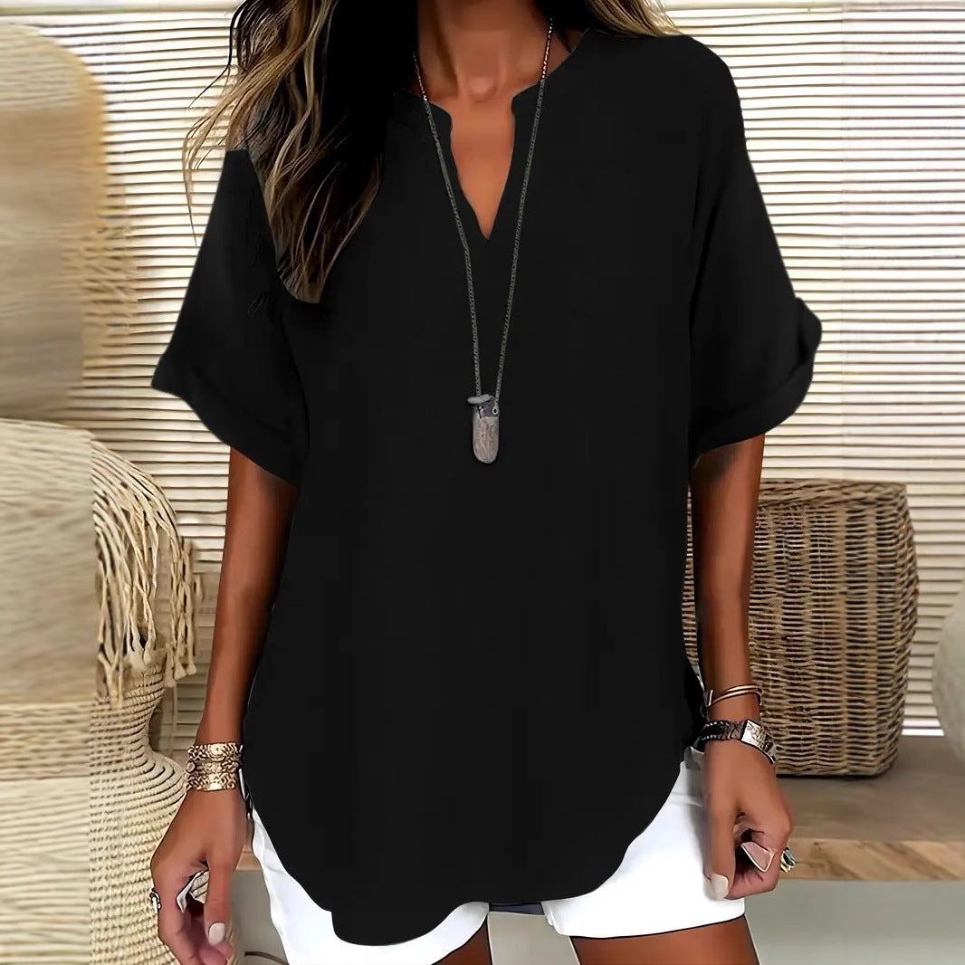 Blouse Ample en Soie Glacée – Col V Bohème & Manches Chauve-souris